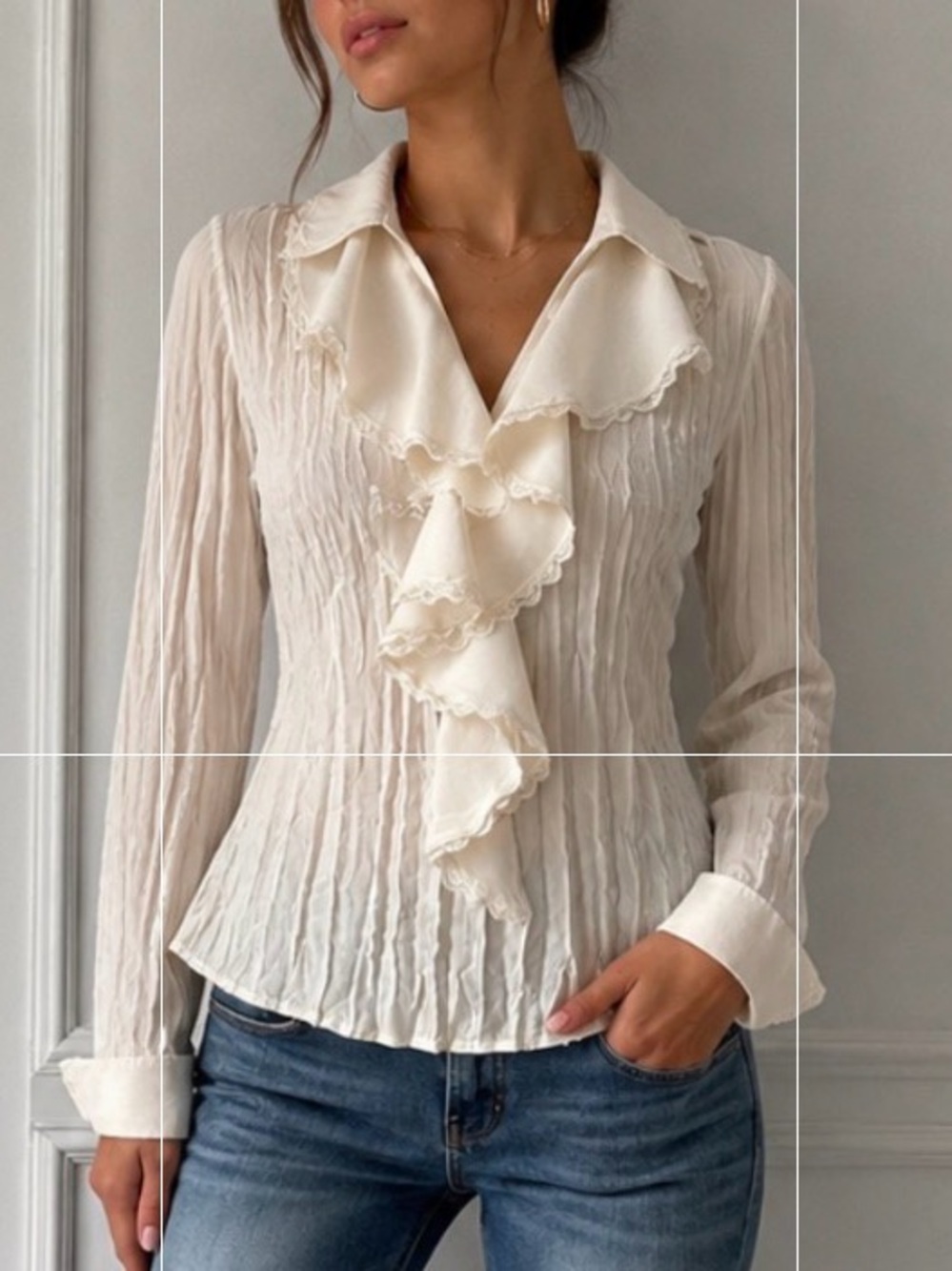 Y2K Elegant Cream Ruffle Front Long-Sleeve Blouse